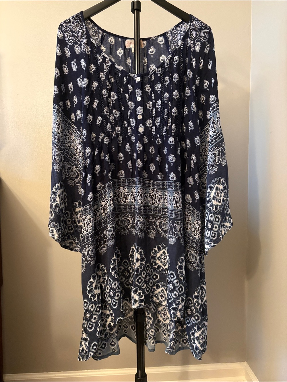 Altar'd State Navy & White Printed High Low Tunic Dress, Size Large